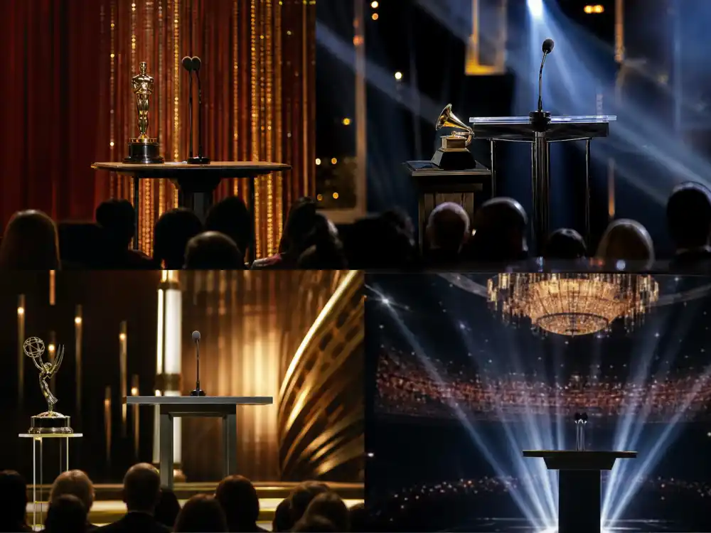 Oscar Grammy and Emmy podiums with microphones under dramatic spotlights — a cross-ceremony look at the most memorable acceptance speeches ever