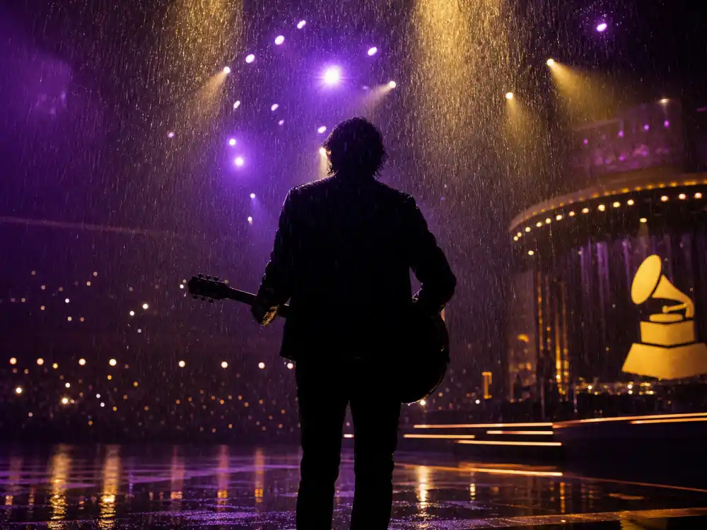 Purple rain effects and spotlight on an awards stage evoke Prince-era most memorable Grammy performances and rain-soaked rock spectacle