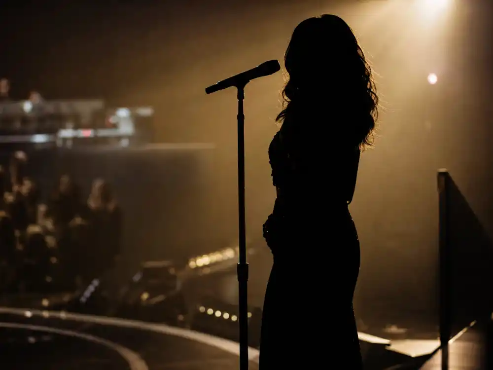 Silhouetted vocalist pausing at a microphone captures the Adele restart moment among the most memorable Grammy performances in recent history