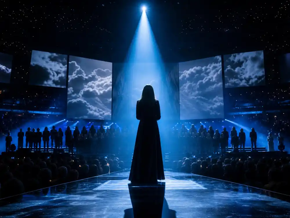 Single spotlight on a tribute vocalist silhouette represents Jennifer Hudson and Whitney Houston memorial sets in most memorable Grammy performances