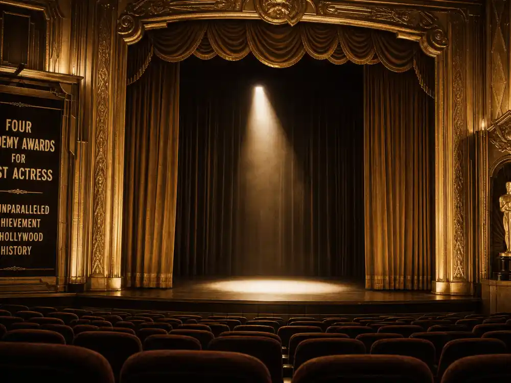 Classic Hollywood theatre stage spotlight evoking acting Oscar legends in the most Oscars won by an actor all time list