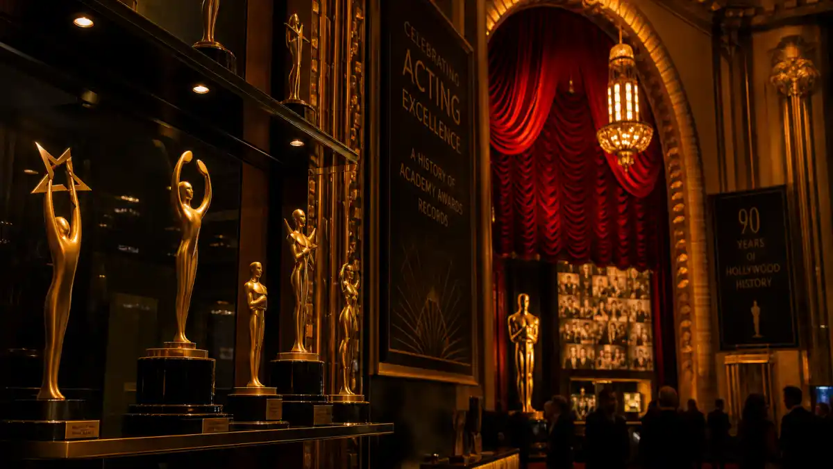 Most Oscars won by an actor all time — golden statuette display and Art Deco awards theatre interior evoking Hollywood acting records
