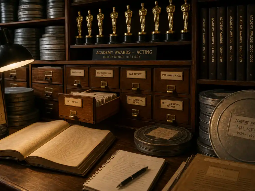 Vintage Hollywood film archive with trophy shelf documenting the most Oscars won by an actor all time through Academy history