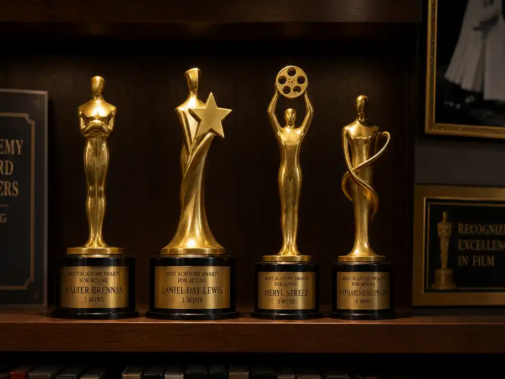 Trophy shelf with four golden statuettes symbolizing the most Oscars won by an actor all time record tally