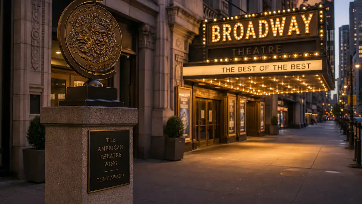 Most Tony Awards won by a show — Broadway theatre marquee at dusk with golden Tony Award medallion on stone pedestal