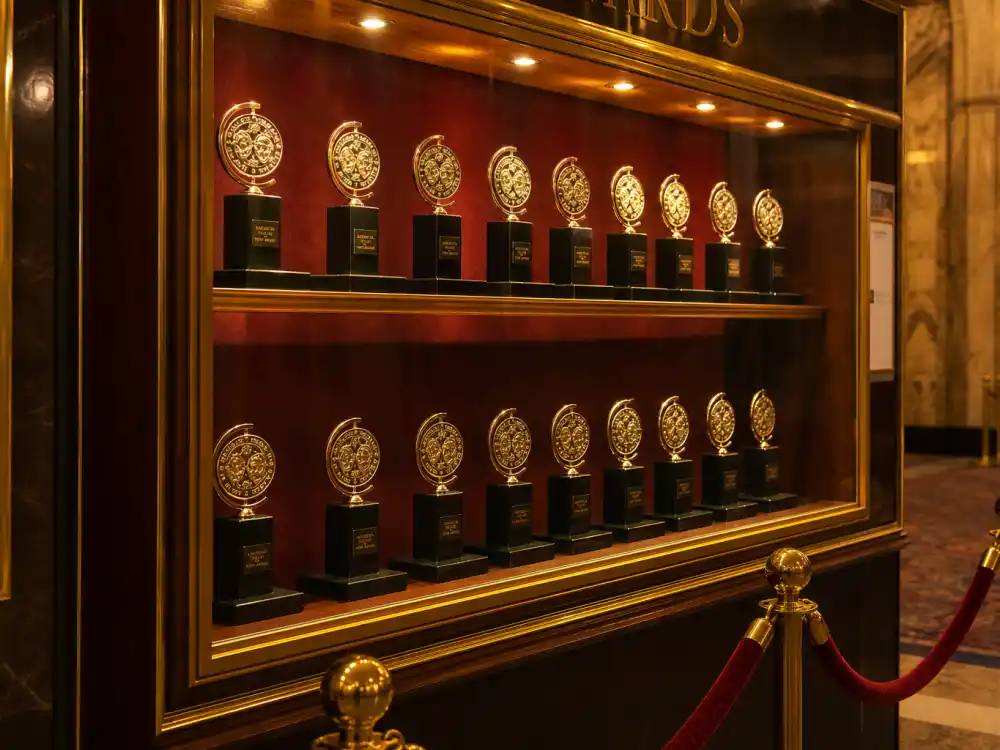 Broadway lobby trophy case with golden Tony Award statuettes illustrating the most Tony Awards won by a show all-time leaderboard