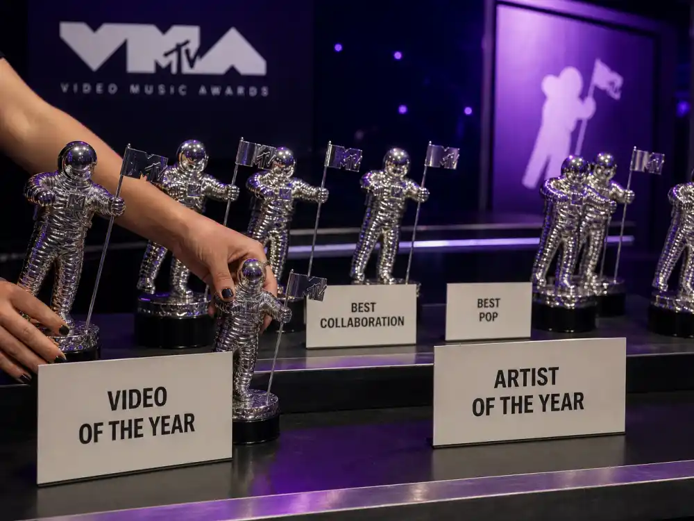 VMA category breakdown display with Moon Person trophies grouped by Video of the Year and Artist of the Year for most VMAs won by an artist analysis