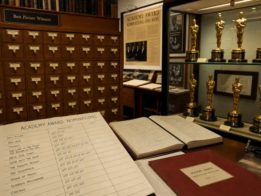 Film archive ledger documenting official Academy records for movies that won the most Oscars and nomination tallies