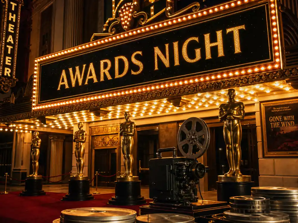 Classic Hollywood cinema marquee evoking Ben-Hur and other movies that won the most Oscars in Academy history