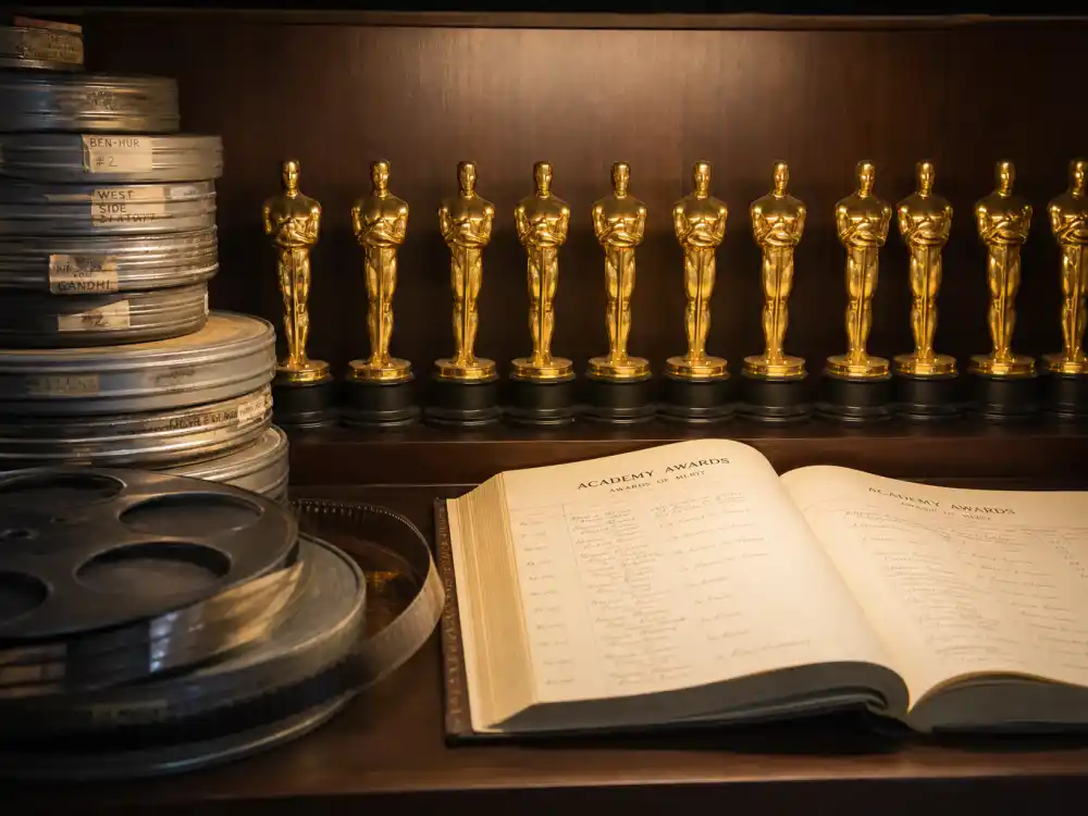Eleven golden trophy statuettes on display representing the record total for movies that won the most Oscars in one ceremony