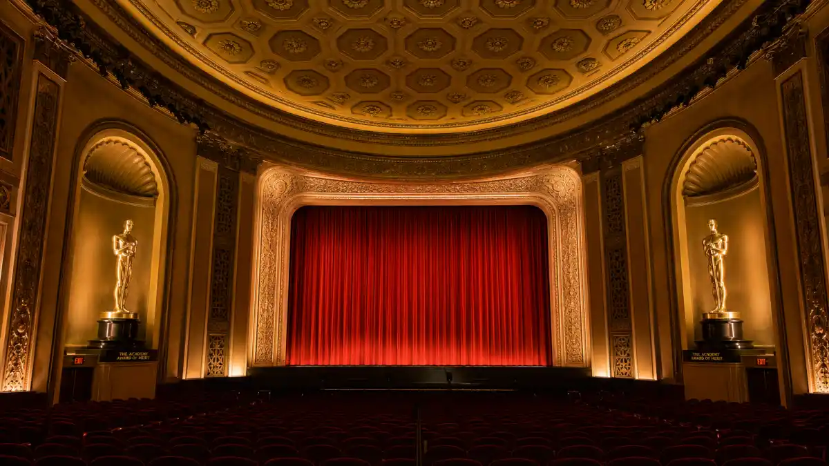 Movies that won the most Oscars — vintage movie palace theatre interior with golden trophy displays evoking Academy film records