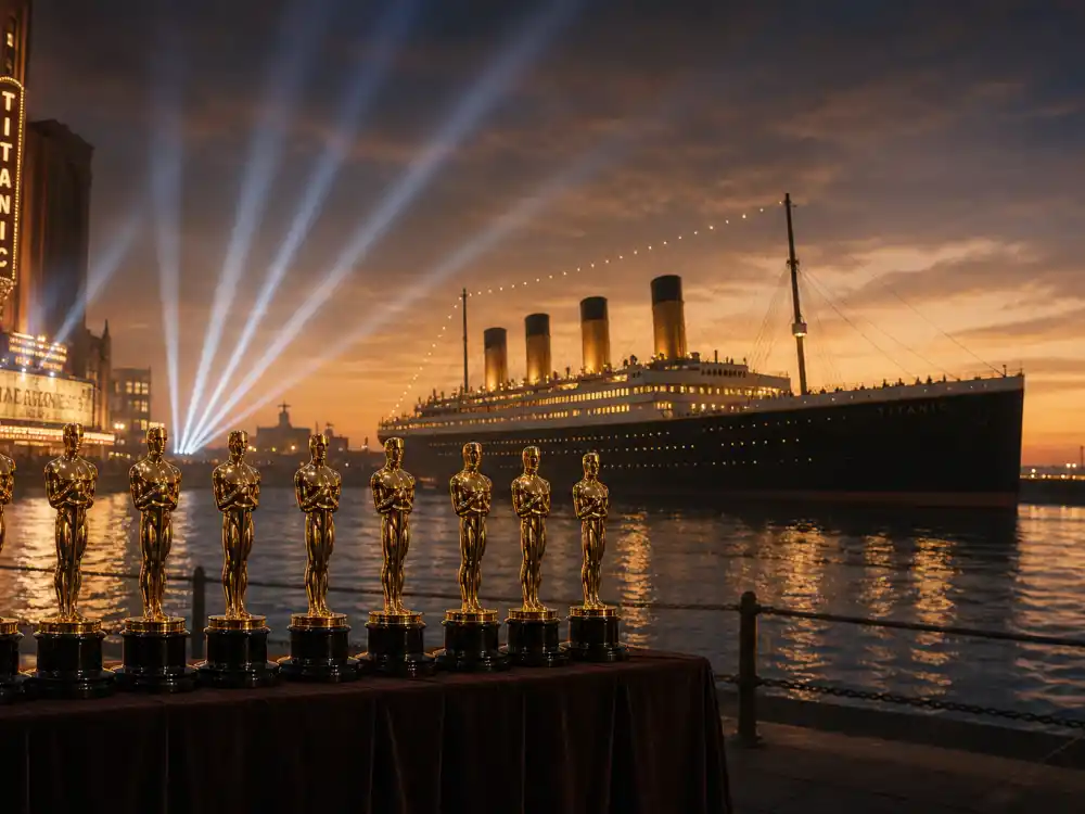 Ocean liner silhouette at dusk symbolizing Titanic among movies that won the most Oscars with eleven statuettes