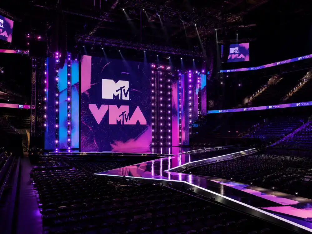 Modern MTV VMA arena with LED screens frames how MTV VMAs most iconic moments still dominate social feeds after every late-summer telecast