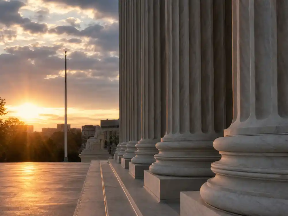 Courthouse columns at dawn for what happened to Mystikal during sexual assault convictions and prison