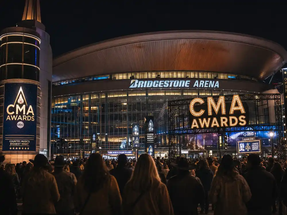 Nashville arena marquee at night where artists chase the most CMA awards won by an artist each November at Bridgestone Arena