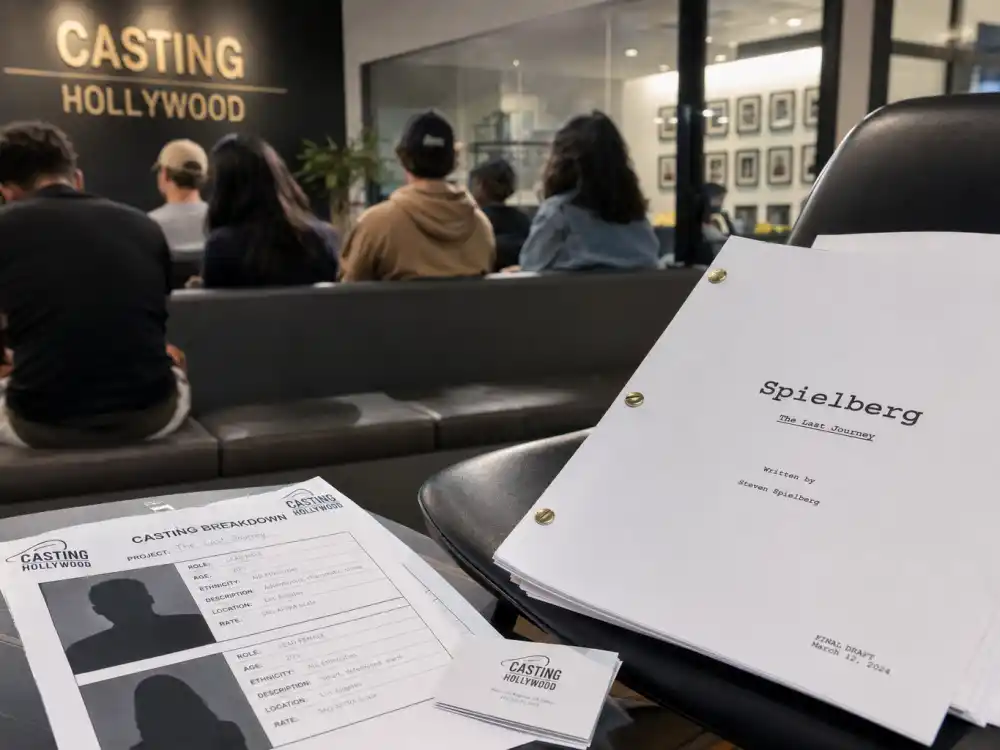 Hollywood casting office waiting room with famous last name on script and anonymous young actor silhouettes from behind for nepo babies Hollywood 2026 complete guide access lane