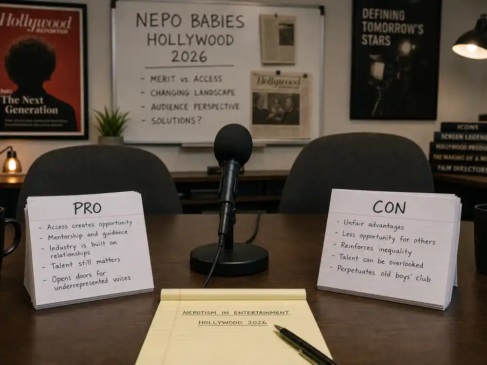 Balanced pro and con index card stacks on Hollywood editorial desk for nepo babies Hollywood 2026 complete guide nepotism debate framing