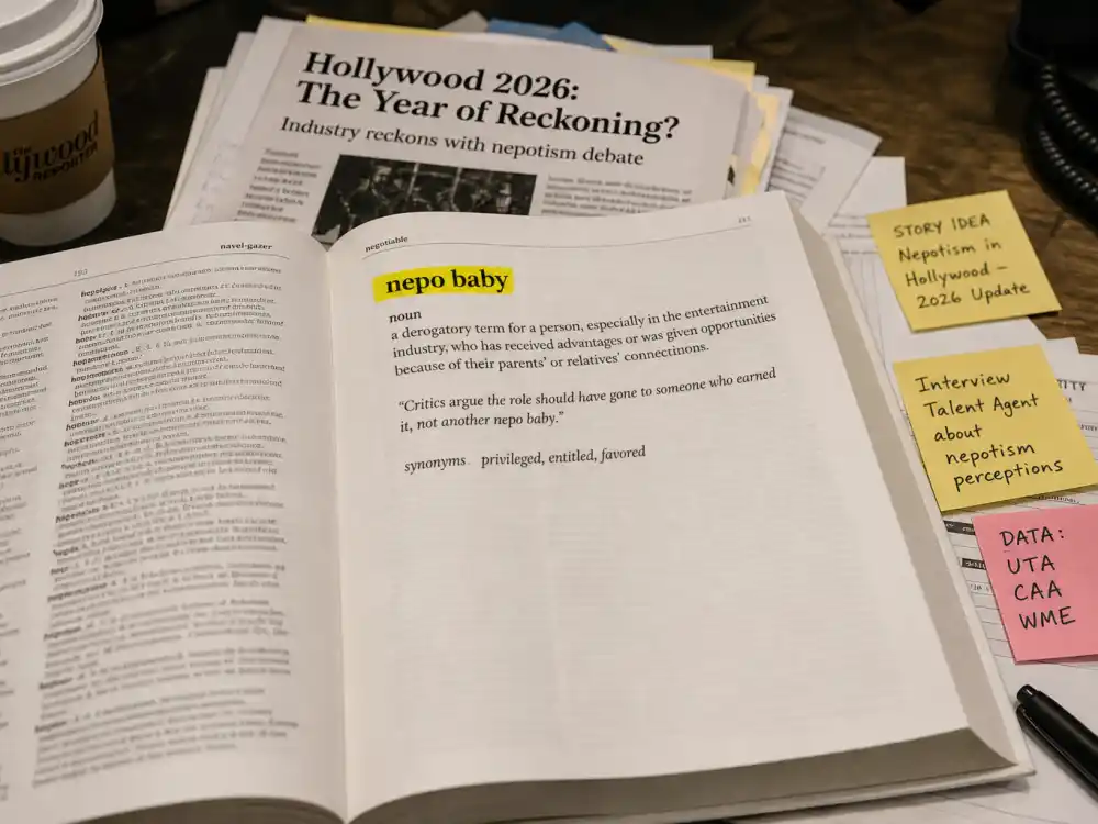 Dictionary printout with nepo baby term highlighted on Hollywood newsroom desk for nepo babies Hollywood 2026 complete guide definition explainer