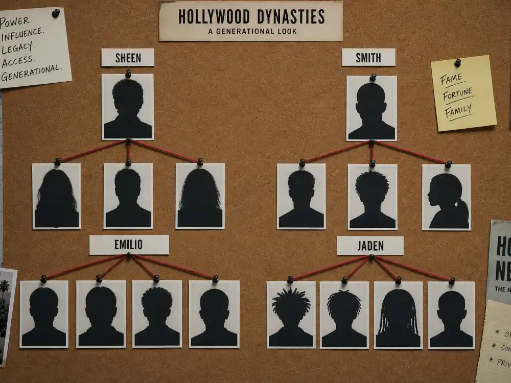 Generational Hollywood family tree cork board with Sheen Emilio Smith Jaden dynasty silhouettes for nepo babies Hollywood 2026 complete guide context