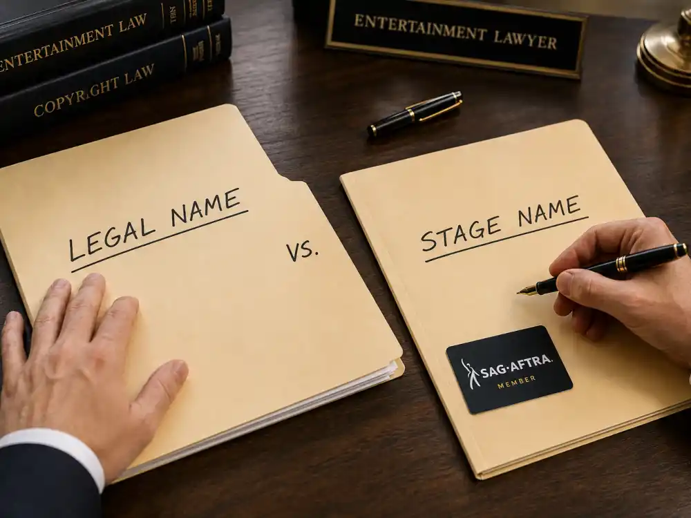Legal name versus stage name folders on entertainment lawyer desk for nepo babies succeeding without famous last names identity editorial without faces