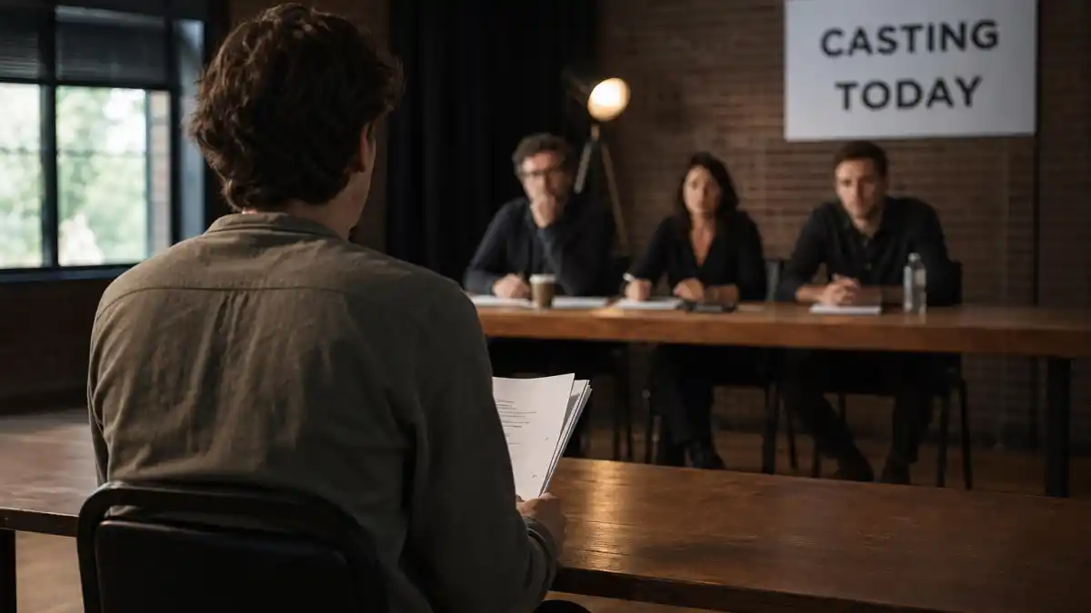 Nepo babies who made it on their own — casting audition room with anonymous actor from behind reading script at table with casting panel without identifiable celebrity faces