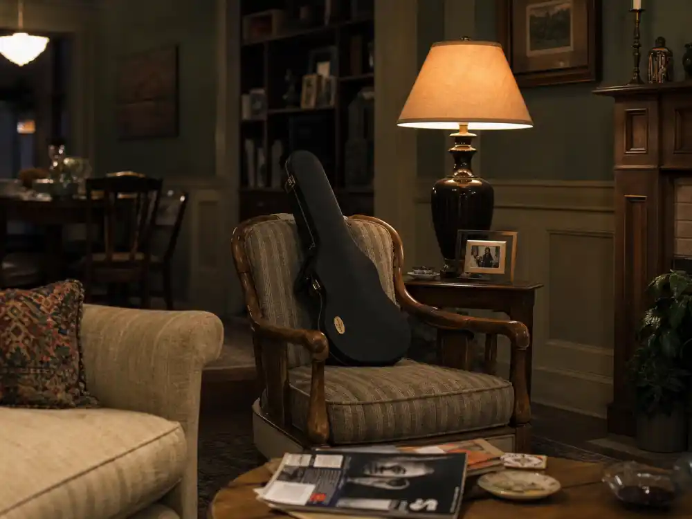 A warm 1990s family drama living room with violin case for Neve Campbell Party of Five Julia Salinger era