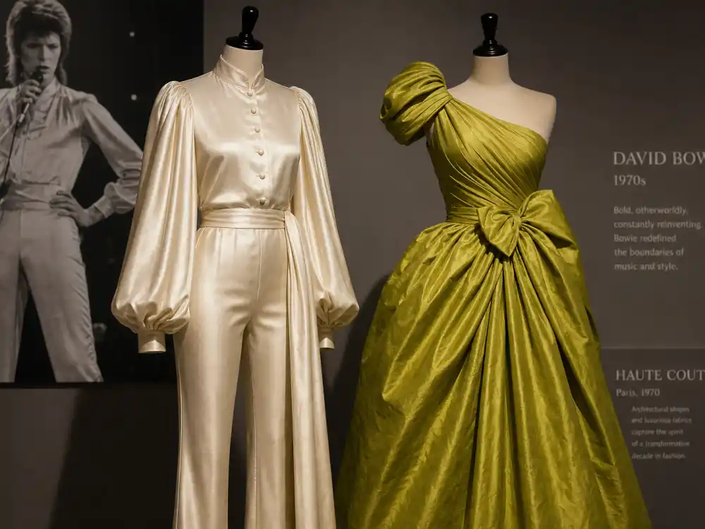 David Bowie man dress fashion legacy displayed beside chartreuse couture gown in museum comparison central to Nicole Kidman chartreuse David Bowie dress cultural dialogue