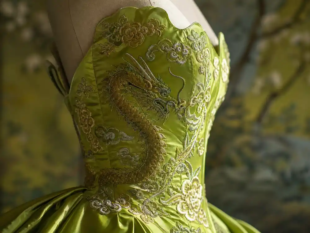 Chartreuse silk chinoiserie embroidery detail defining Nicole Kidman chartreuse David Bowie dress construction and Galliano Orientalist couture vocabulary