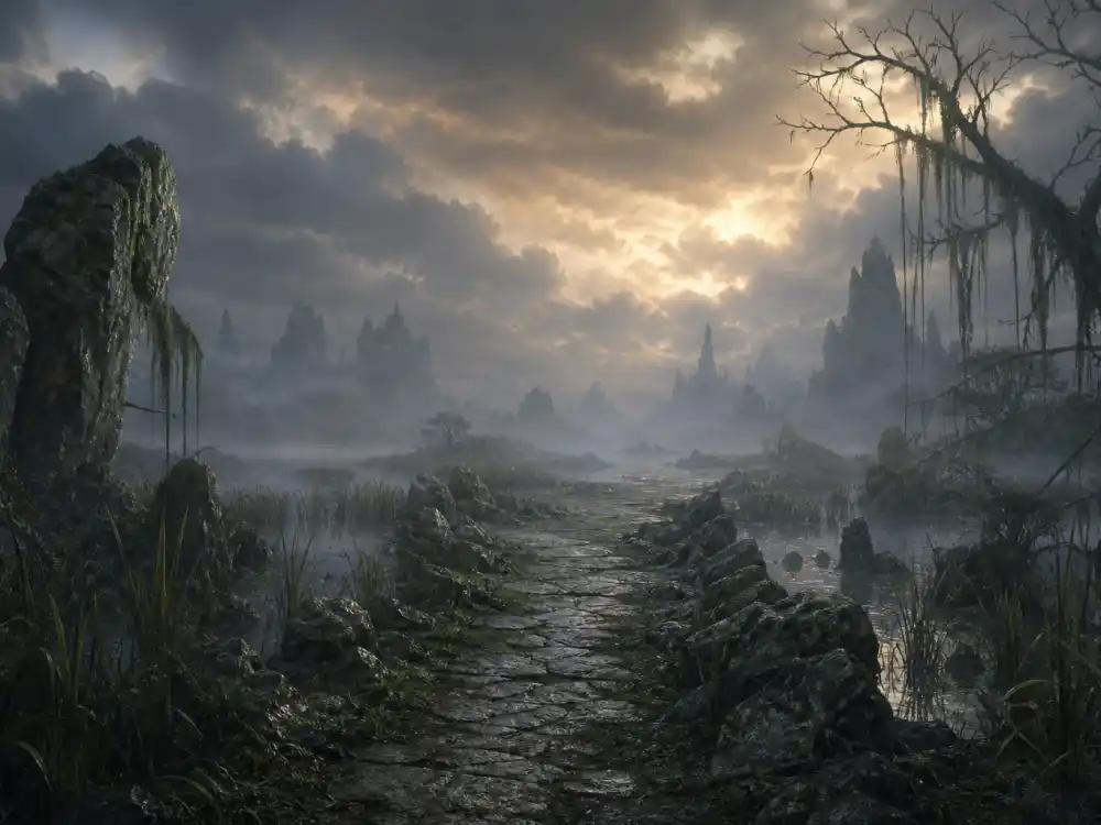 Misty fantasy swamp path evoking Noah Hathaway NeverEnding Story Atreyu fame in 1984