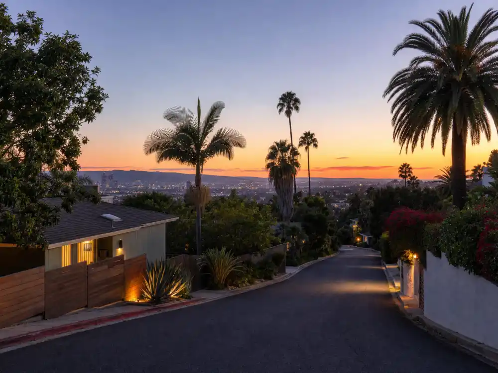 Quiet Los Angeles hillside street at dusk for where is Noah Hathaway now after stepping back from fame