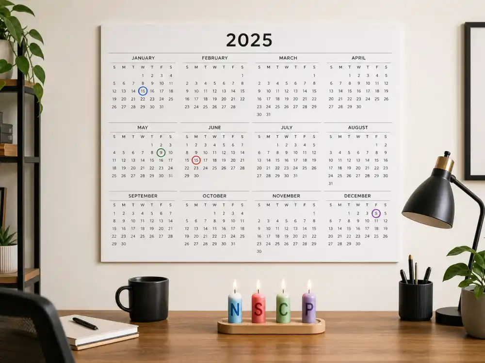 Full year birthday calendar with four circled dates for North West Saint Chicago Psalm birthdays — June December January May planning chart