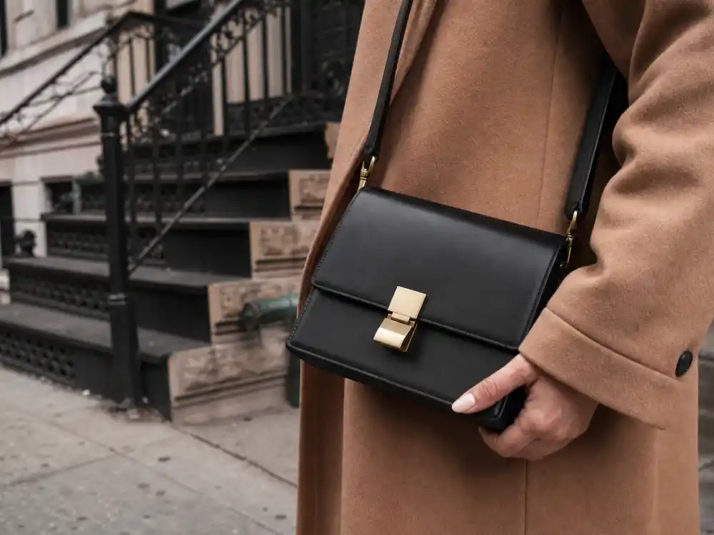 Structured black leather crossbody bag elevating NYC celebrity street style trends quiet luxury bag styling on SoHo sidewalk