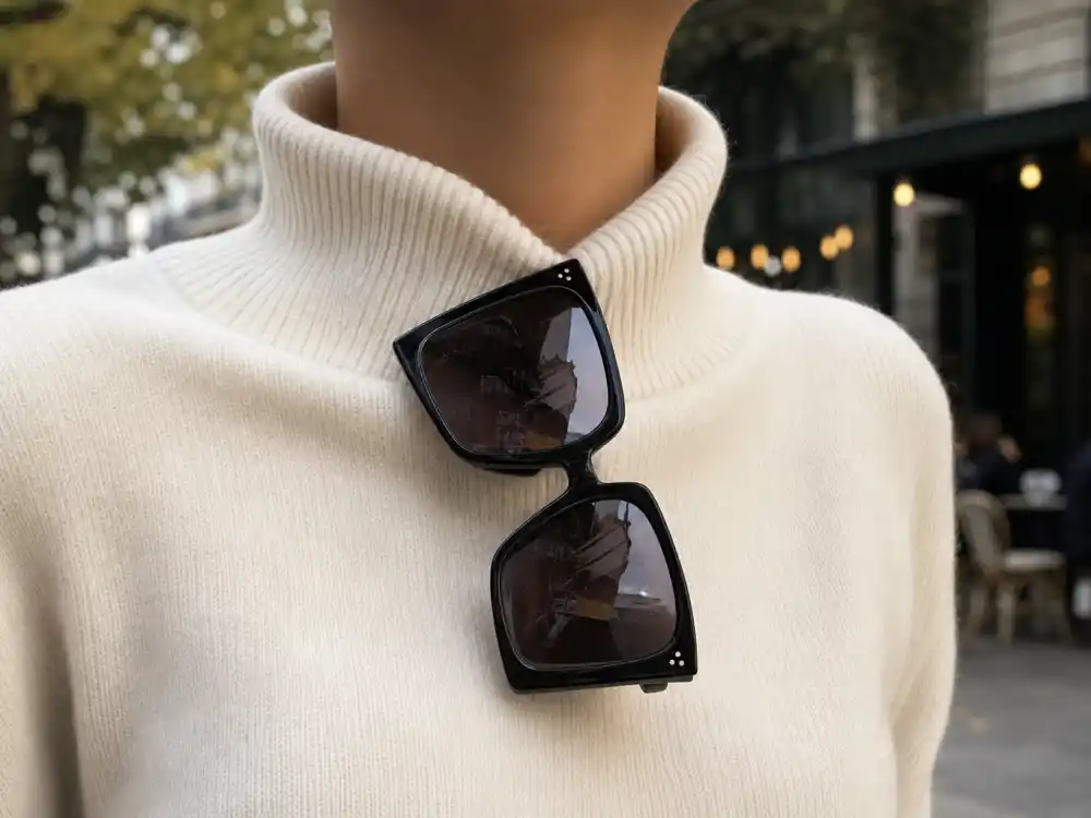 Oversized black sunglasses on cream knit finishing NYC celebrity street style trends face-framing accessory layer at Manhattan cafe