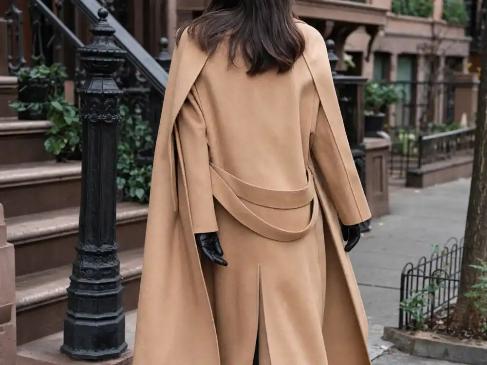 Long camel wool trench coat draped over shoulders central to NYC celebrity street style trends outerwear codes on West Village sidewalk