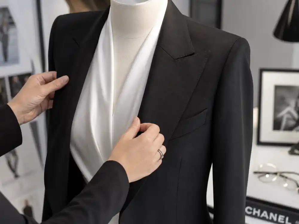 Hands adjusting structured black blazer lapels over silk blouse defining office siren celebrity style trend corporate glamour tailoring codes stylists repeat