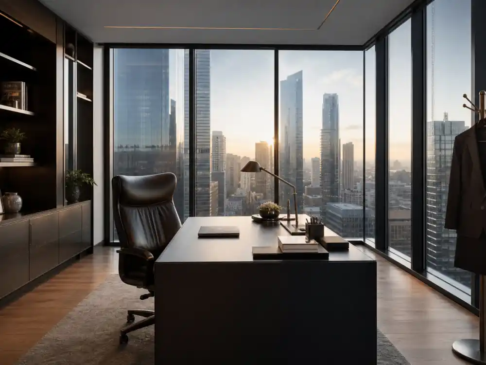 Executive corner office with floor-to-ceiling windows blazer on coat rack and pencil skirt silhouette defining office siren celebrity style trend corporate setting