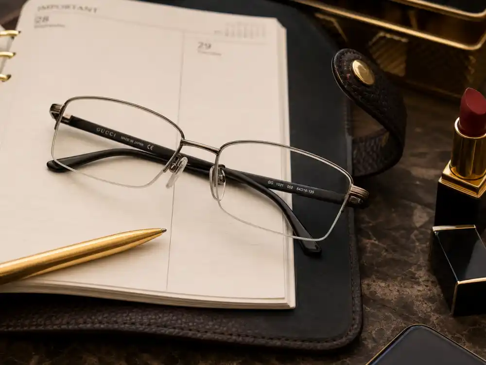 Thin-frame rectangular glasses on leather planner beside gold pen and lipstick for office siren celebrity style trend accessory detail on executive desk