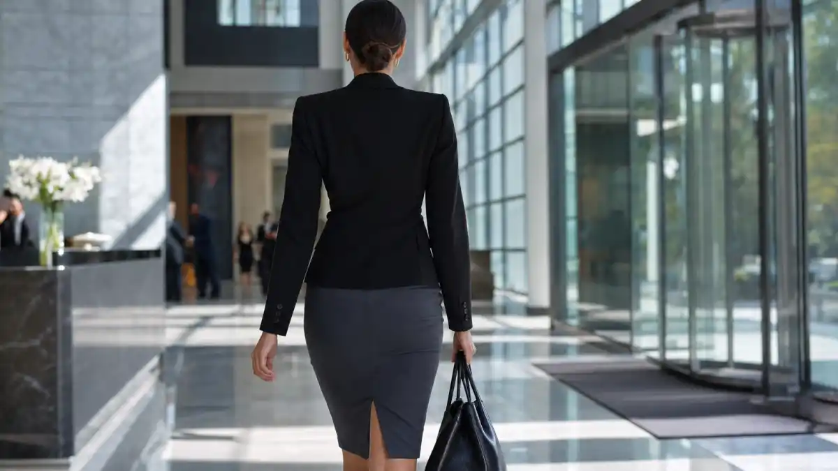 Office siren celebrity style trend — anonymous woman from behind in structured black blazer and charcoal pencil skirt walking through modern glass office lobby with leather tote
