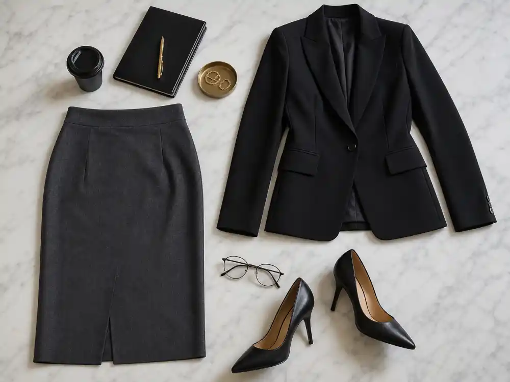 Office siren celebrity style trend flat lay with charcoal pencil skirt structured blazer thin-frame glasses and pointed pumps on marble executive desk