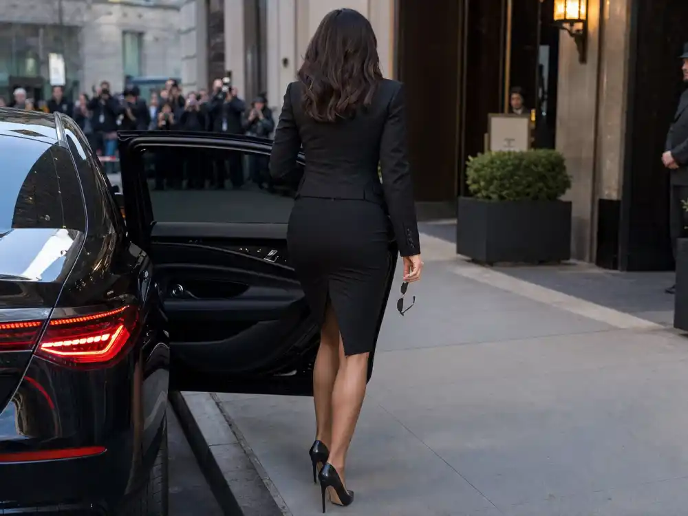 Anonymous woman from behind exiting car in office siren celebrity style trend pencil skirt structured blazer and glasses on upscale city sidewalk paparazzi frame