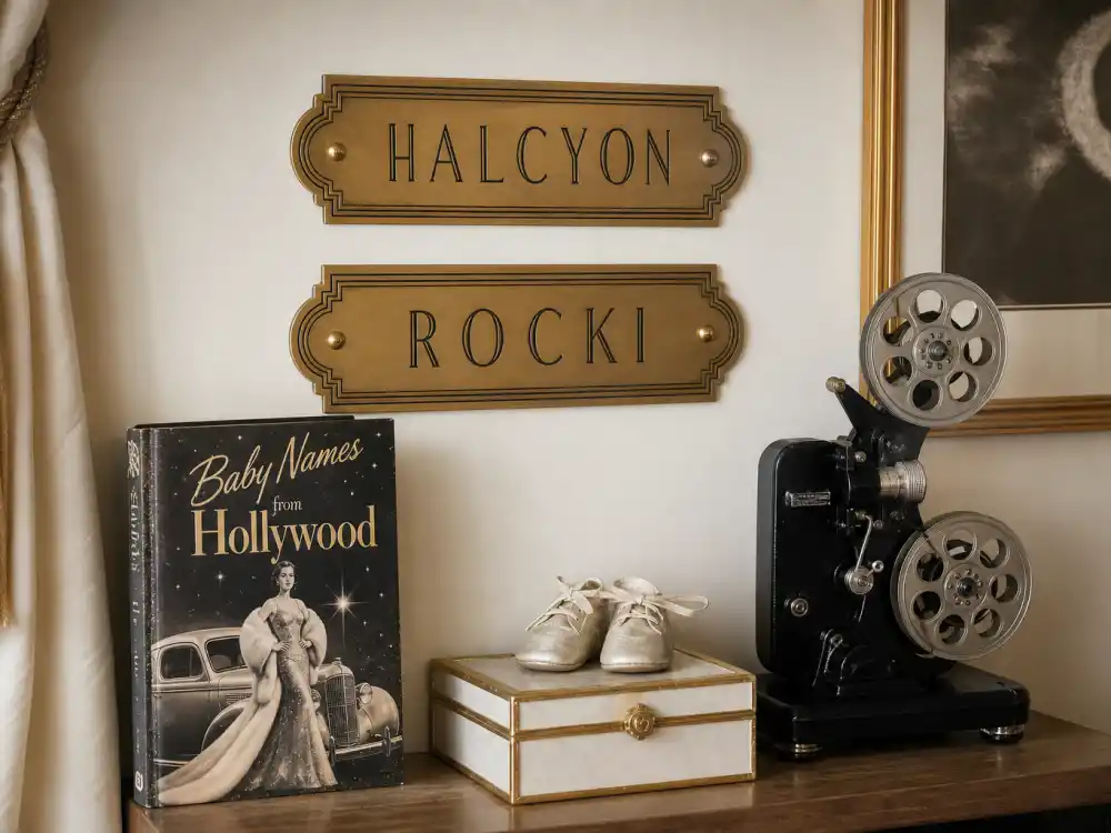 Art deco brass HALCYON and ROCKI nursery plaques beside vintage Hollywood baby name book — old Hollywood baby names celebrities love modern vintage revival lane