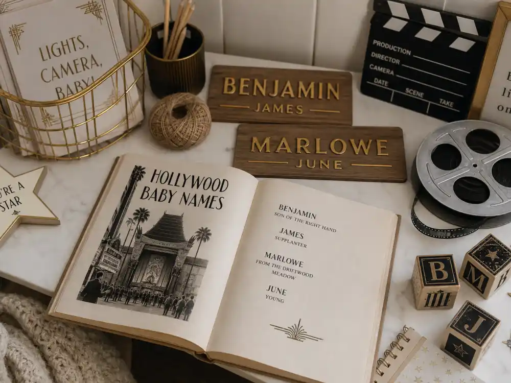 Vintage Hollywood baby name book open beside BENJAMIN JAMES and MARLOWE JUNE wooden plaques — old Hollywood baby names celebrities love literary and calendar middles on USA Celebs hubs