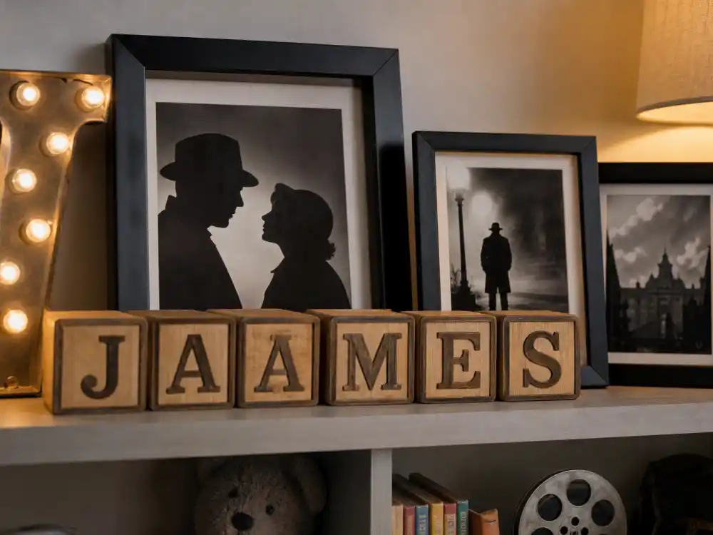 Classic Hollywood film still aesthetic nursery shelf with JAMES letter blocks — old Hollywood baby names celebrities love tribute middles and vintage first-name energy
