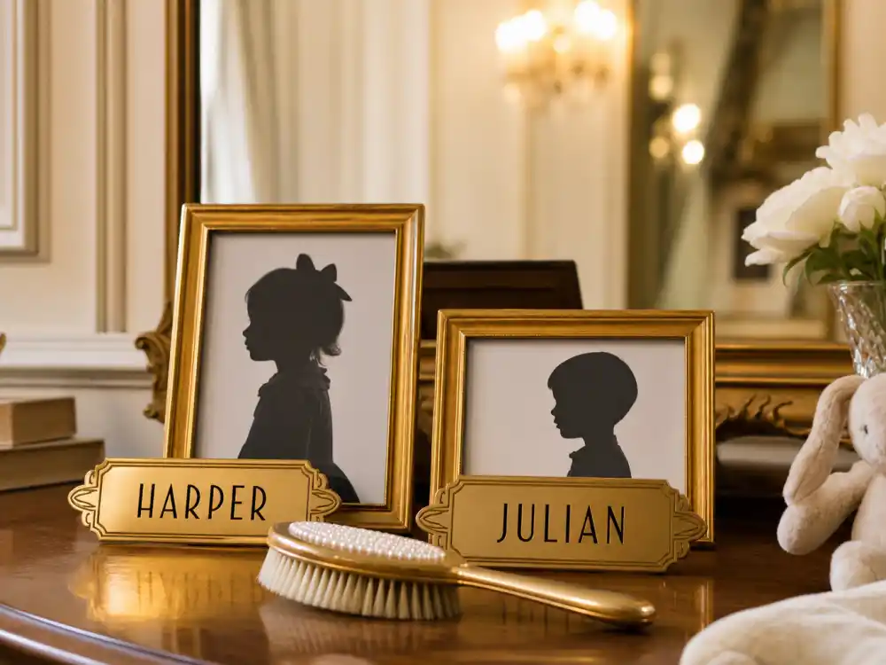 Hollywood Regency nursery dressing table with HARPER and JULIAN art deco name cards — old Hollywood baby names celebrities love classic first names on verified 2025 hubs