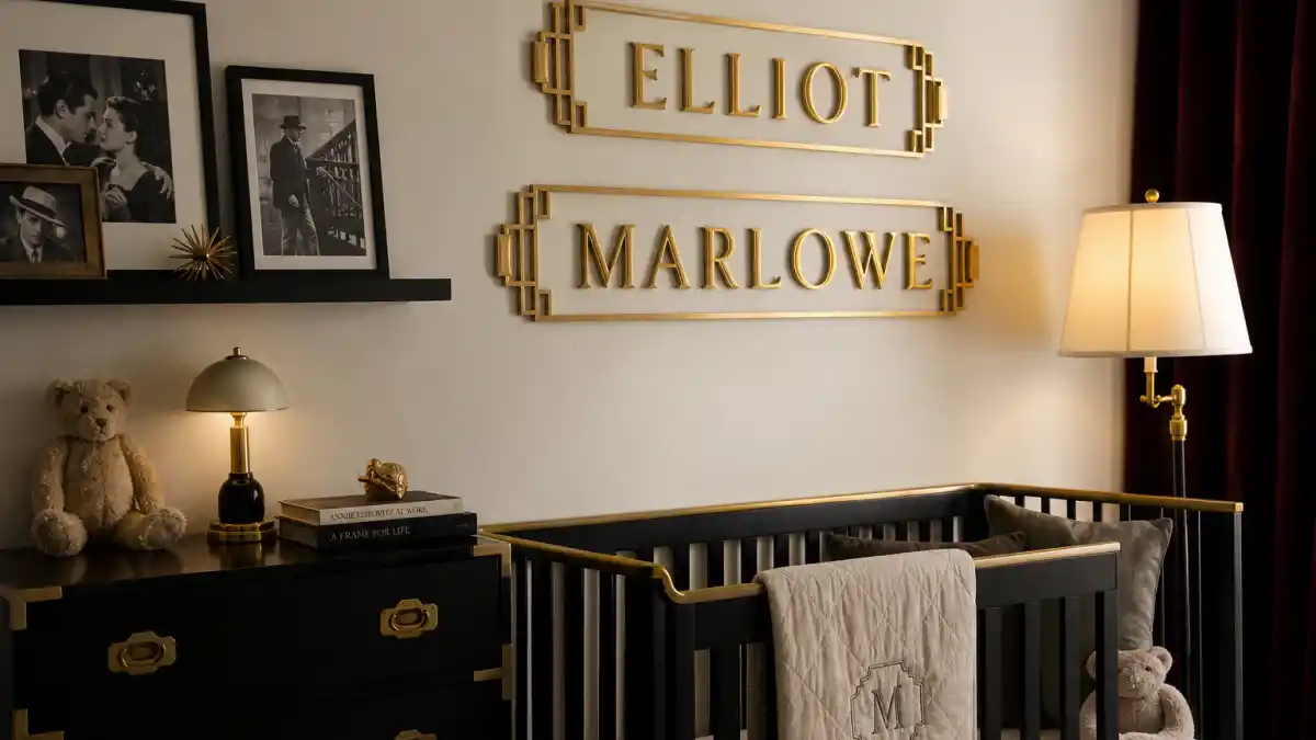 Old Hollywood baby names celebrities love nursery hub — art deco ELLIOT and MARLOWE gold name plaques beside classic black-and-white film still frames