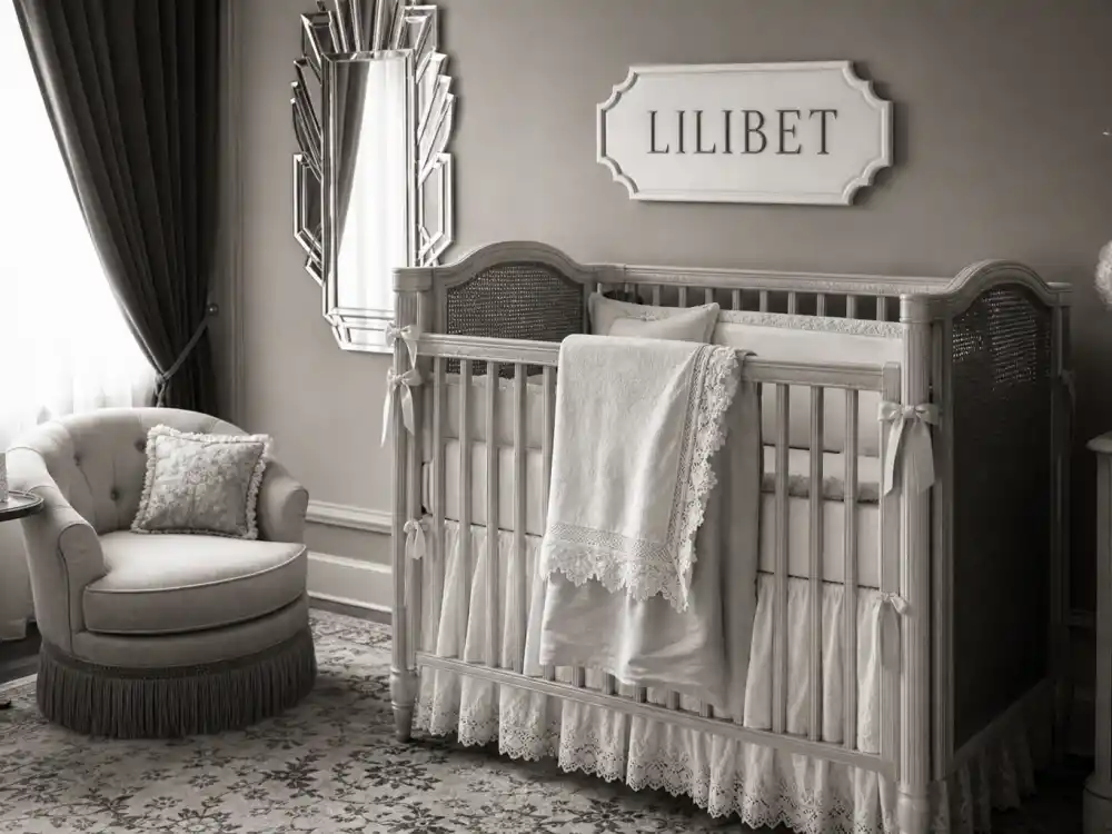 Black-and-white vintage Hollywood glamour nursery with LILIBET art deco name plaque — old Hollywood baby names celebrities love royal tribute naming verified by People