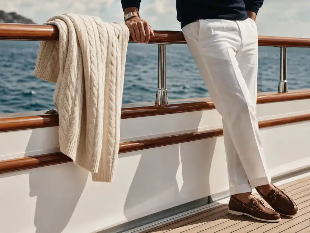 Cream cable-knit sweater on yacht deck railing with linen trousers for nautical old money aesthetic celebrity style weekend dressing