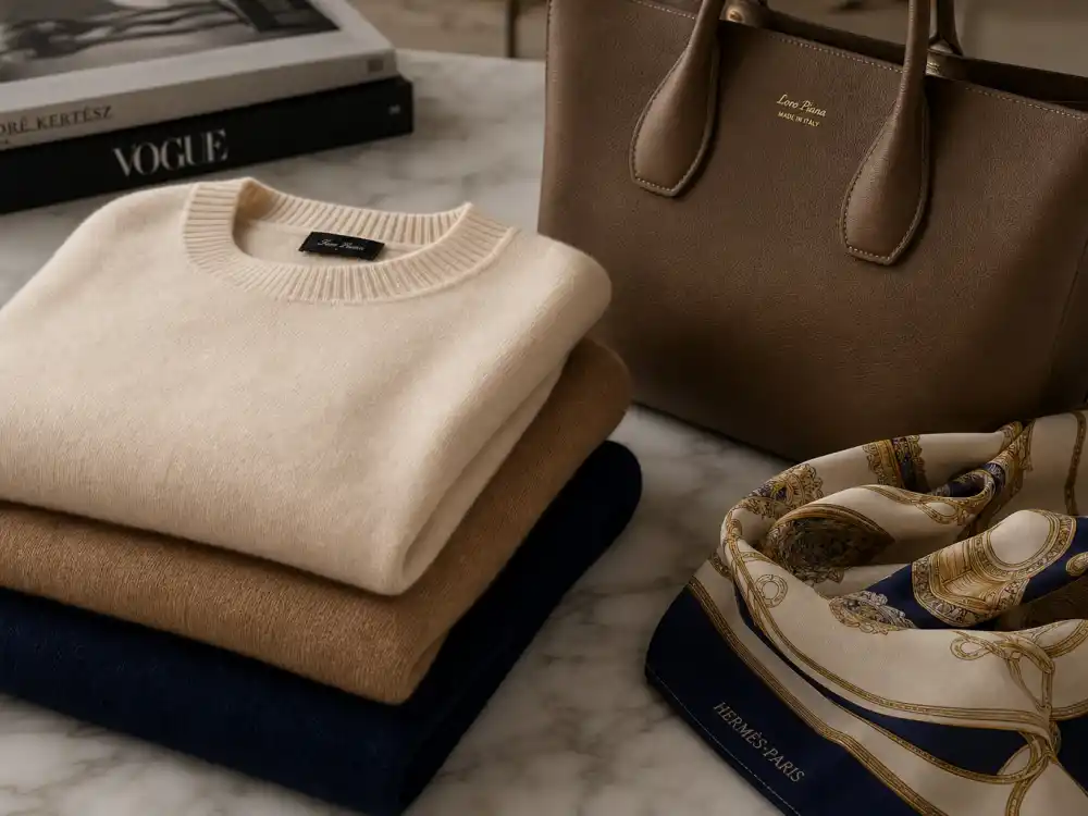 Stacked cashmere sweaters in cream, camel, and navy beside leather tote showing old money aesthetic celebrity style neutral luxury fabrics