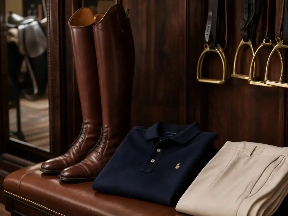 Polished riding boots, navy polo, and cream jodhpurs in tack room illustrating old money aesthetic celebrity style equestrian heritage