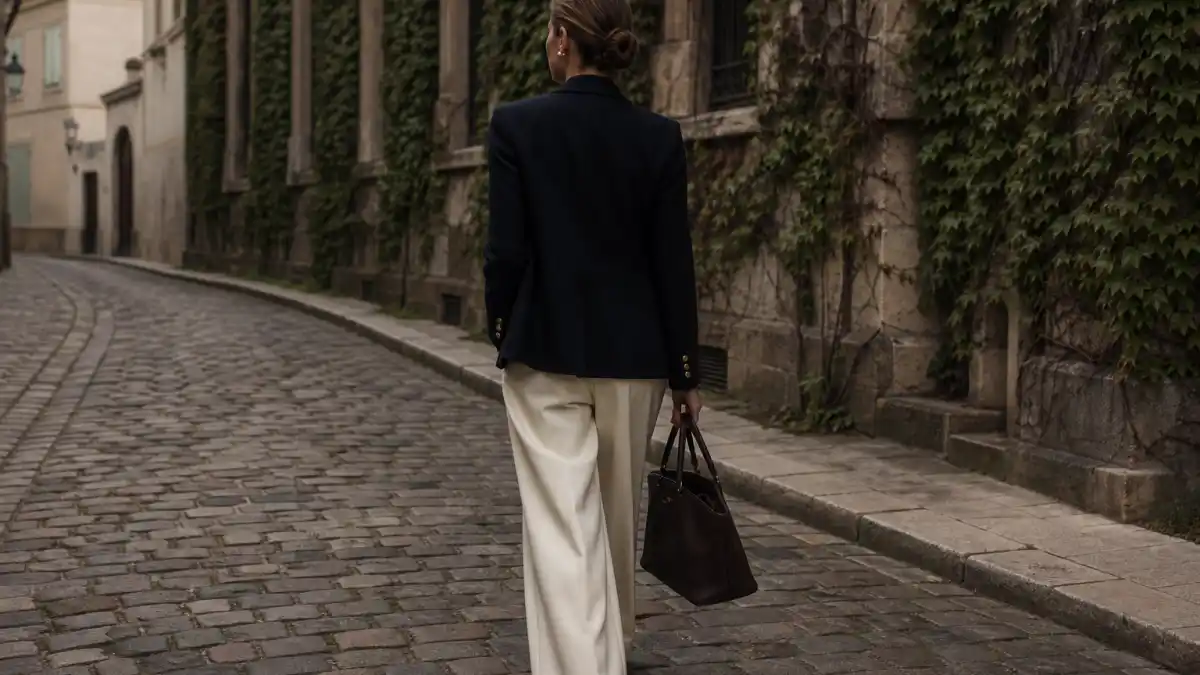 Old money aesthetic celebrity style — anonymous woman from behind in navy blazer, cream wide-leg trousers, pearl earrings, and leather tote on cobblestone street